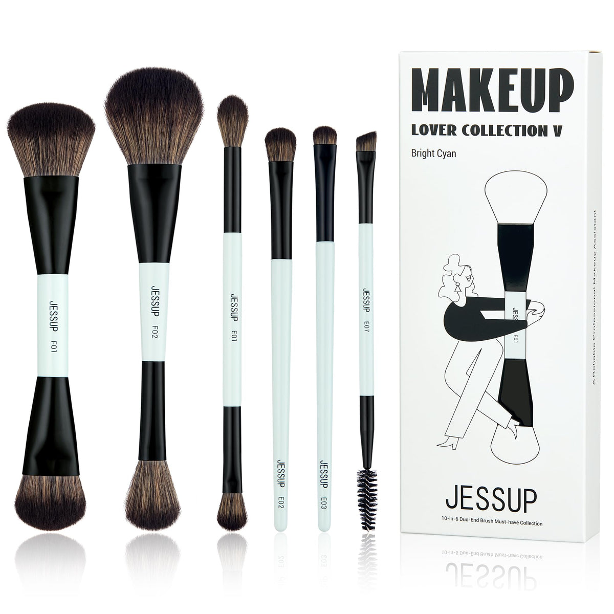 Jessup 6pcs Vegan Makeup Brush Set Bright Cyan front view