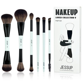 Jessup 6pcs Vegan Makeup Brush Set Bright Cyan front view