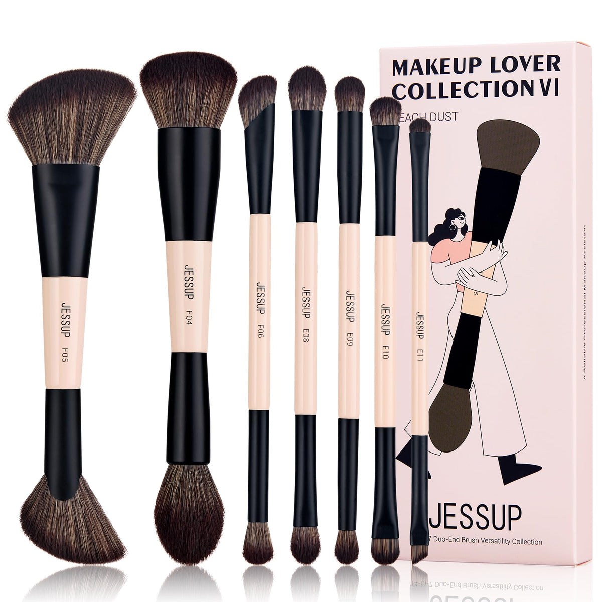 Jessup 7pcs Double Sided Makeup Brushes Set front view