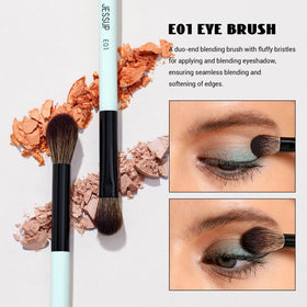 Jessup makeup brushes set on a vanity with makeup products