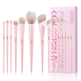 Jessup Pink Makeup Brushes Set 14Pcs front view with brushes arranged