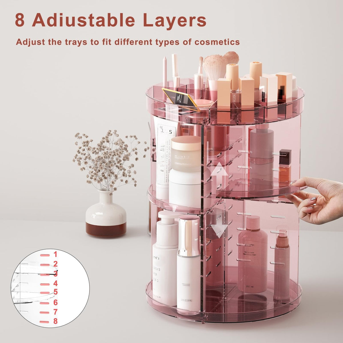 Jiavarry 360 Rotating Makeup Organizer with lipsticks and brushes