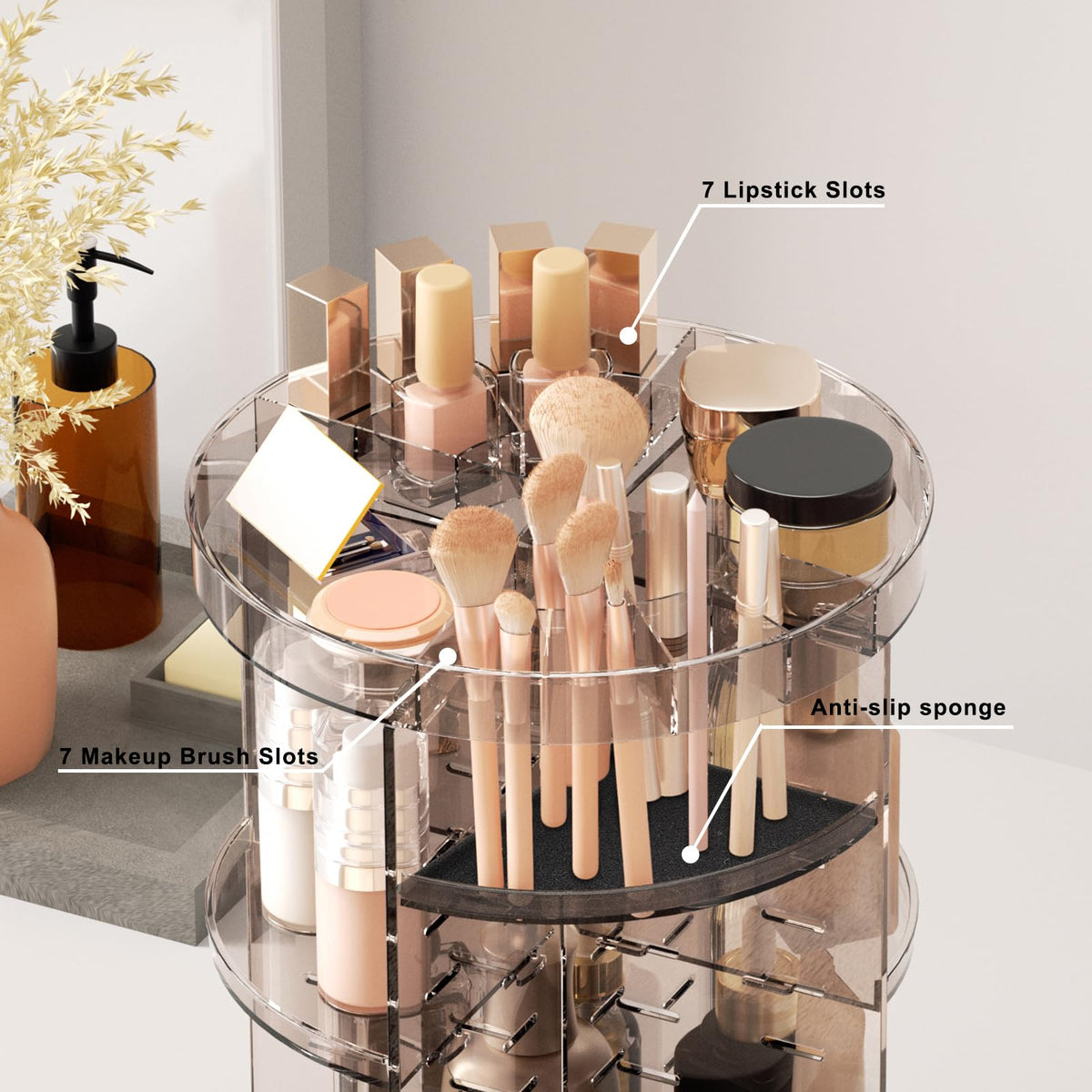 Jiavarry makeup organizer showing slot top design with lipstick slots
