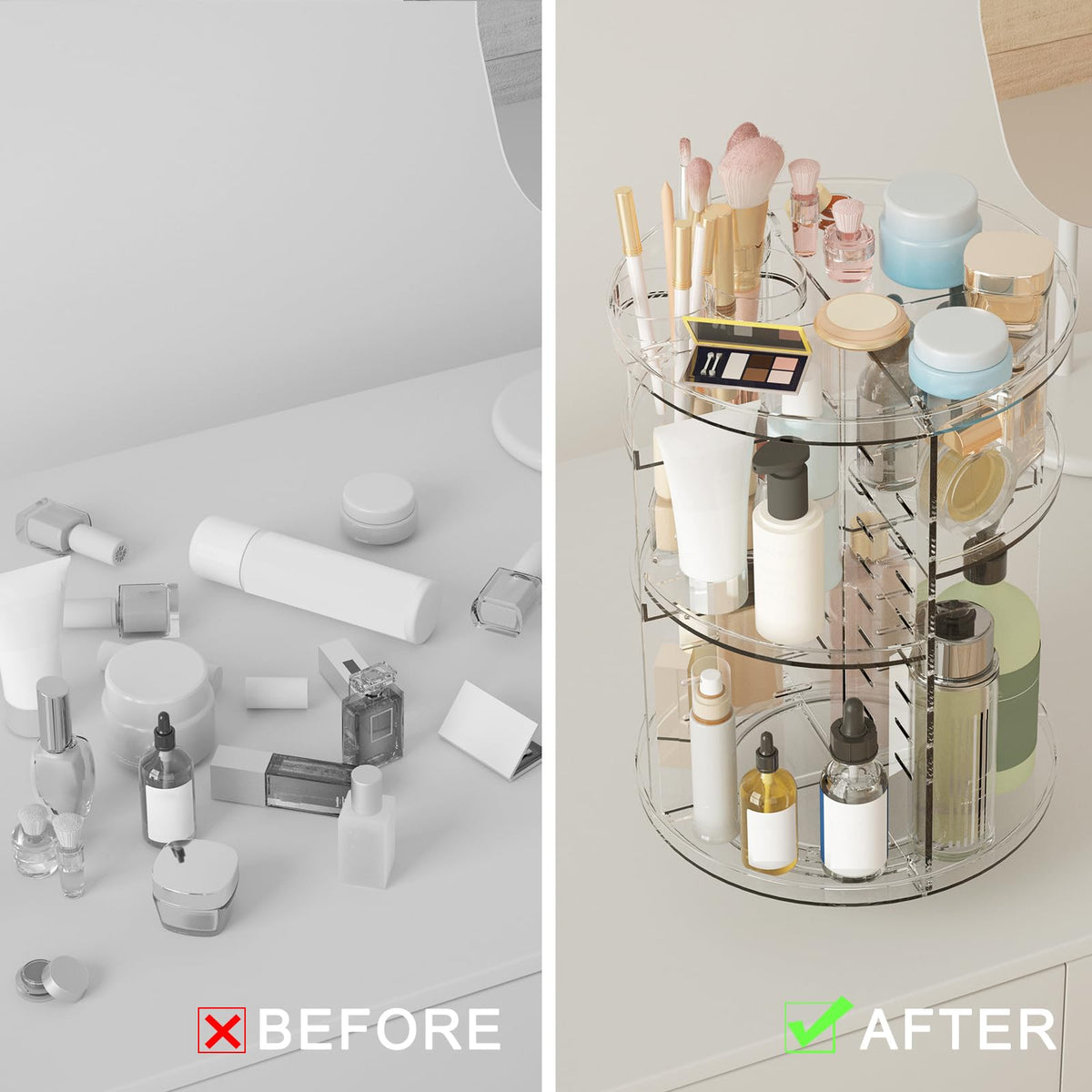 Jiavarry Rotating Makeup Organizer assembled on a bathroom countertop