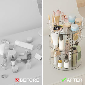 Jiavarry Rotating Makeup Organizer assembled on a bathroom countertop