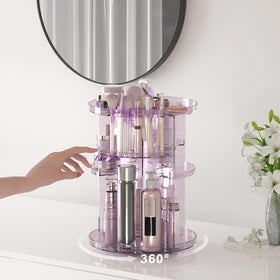 Jiavarry Rotating Makeup Organizer in clear purple colour on a vanity