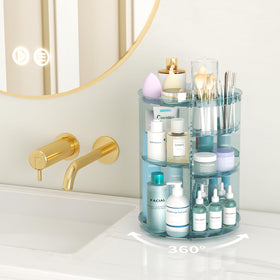 Jiavarry Rotating Makeup Organizer side view with makeup brushes and skincare products