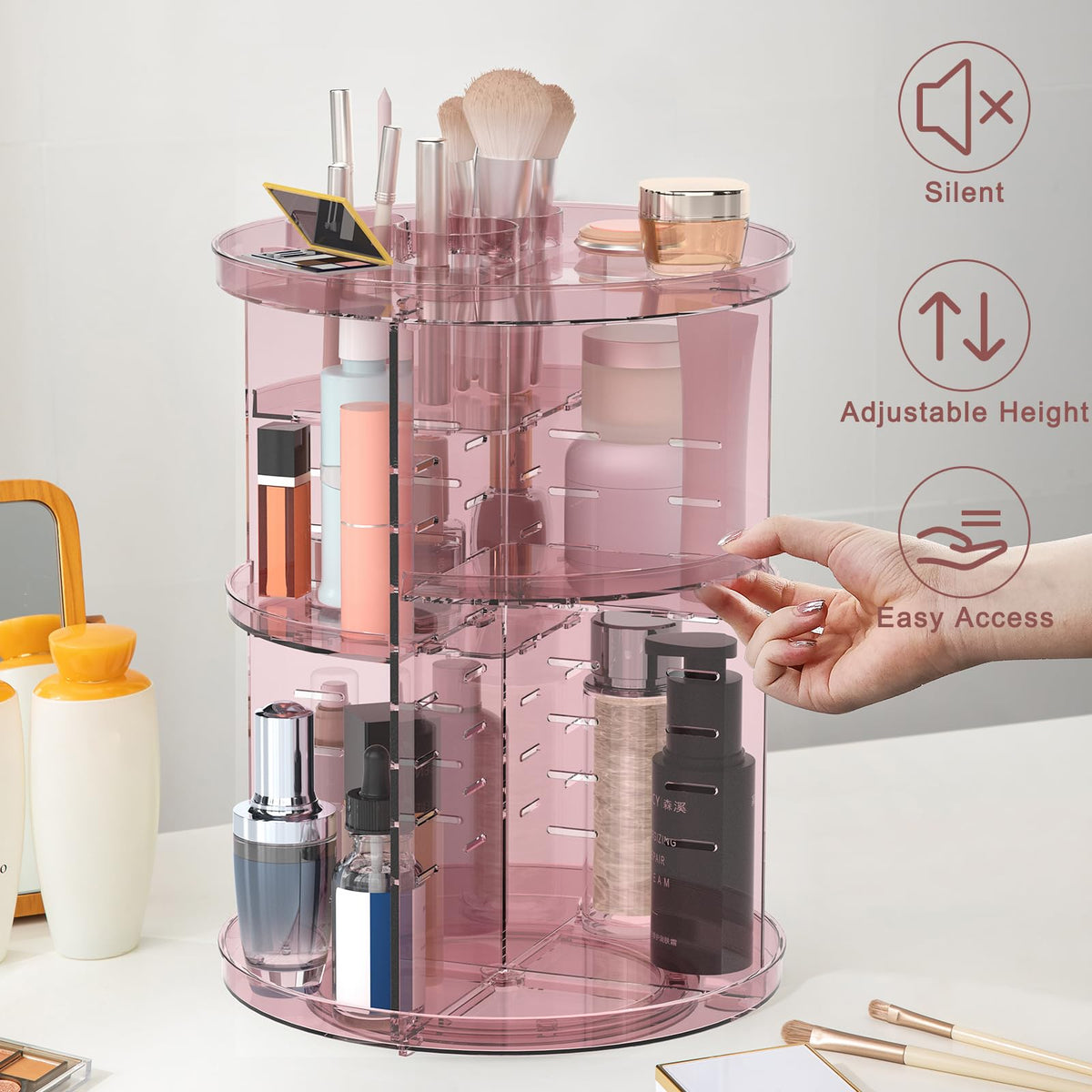 Jiavarry Rotating Makeup Organizer top view displaying cosmetics