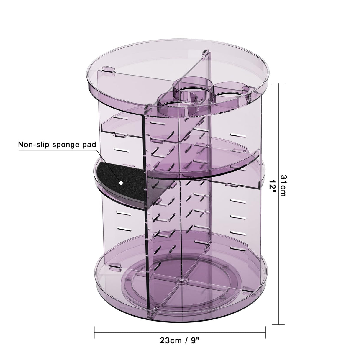 Jiavarry Rotating Makeup Organizer top view with makeup brushes and cosmetics