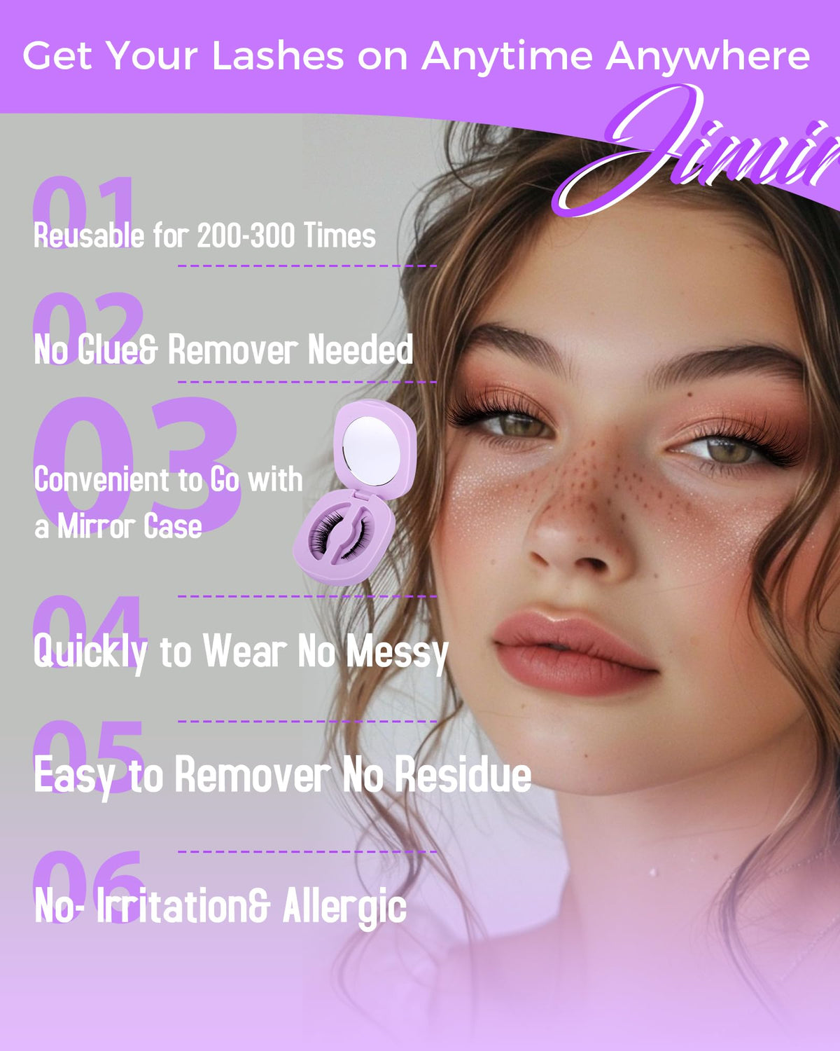 JIMIRE Cat Eye Magnetic Eyelashes with applicator on a vanity