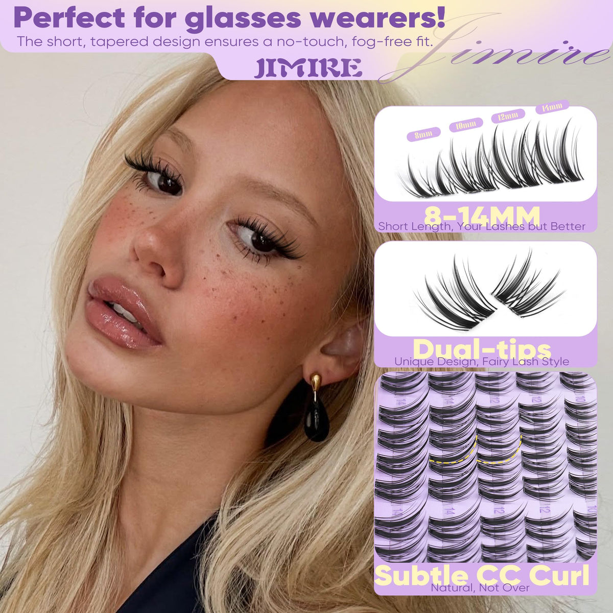 JIMIRE Wispy Lash Clusters in packaging with dimensions 14.4 × 8 × 1.7 cm