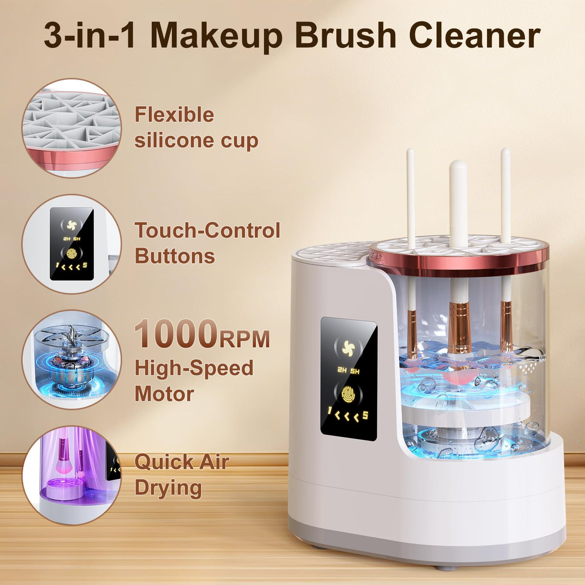 Jnconser Electric Makeup Brush Cleaner side view showing brush holder