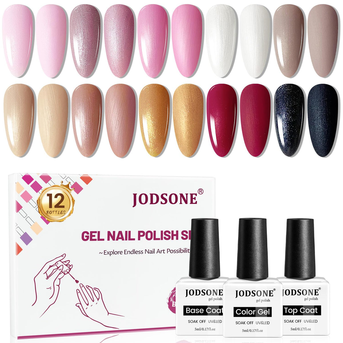 JODSONE 10 Colour Gel Nail Polish Set with base and top coat bottles