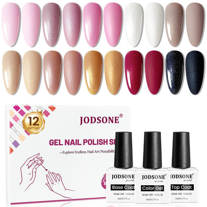 JODSONE 10 Colour Gel Nail Polish Set with base and top coat bottles