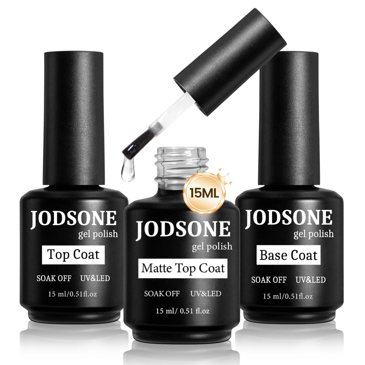 JODSONE Nail Gel Set with base coat, top coat, and matte top coat bottles