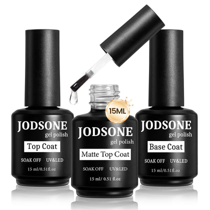 JODSONE Nail Gel Set with base coat, top coat, and matte top coat bottles