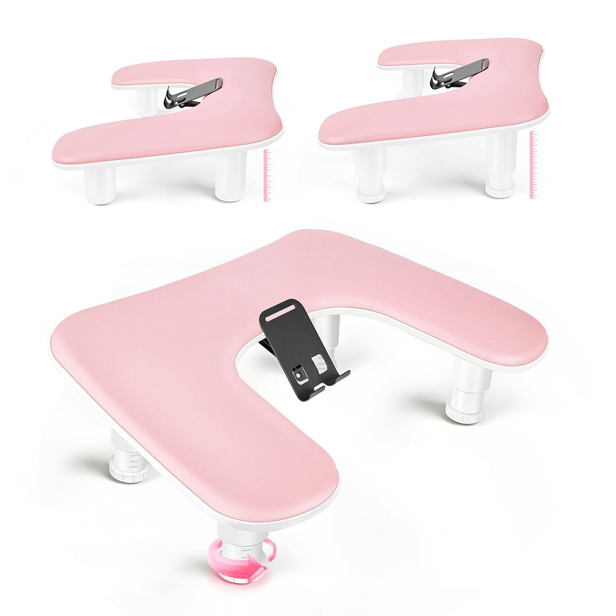 JODSONE Pink U-Shaped Manicure Arm Rest front view with phone holder