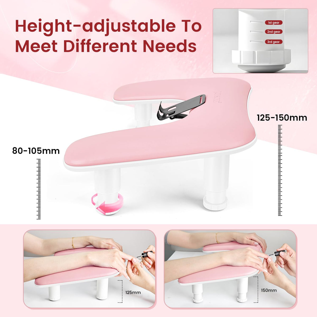 JODSONE Pink U-Shaped Manicure Arm Rest side view showing adjustable height