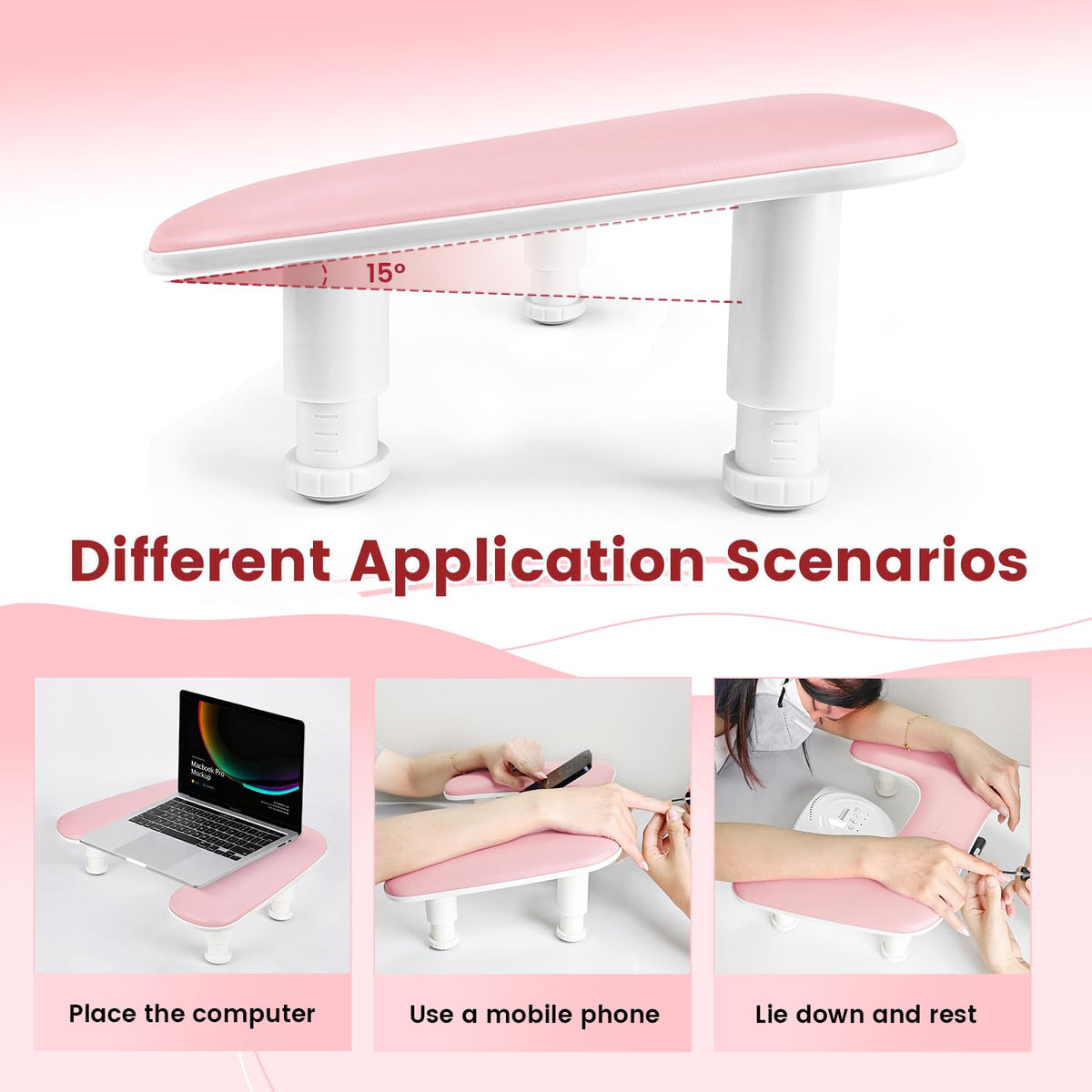 JODSONE Pink U-Shaped Manicure Arm Rest with mobile phone holder in use