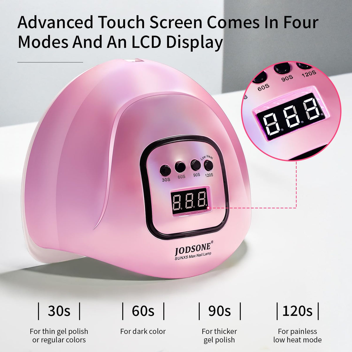 JODSONE Pink UV Nail Lamp side view showcasing timer settings