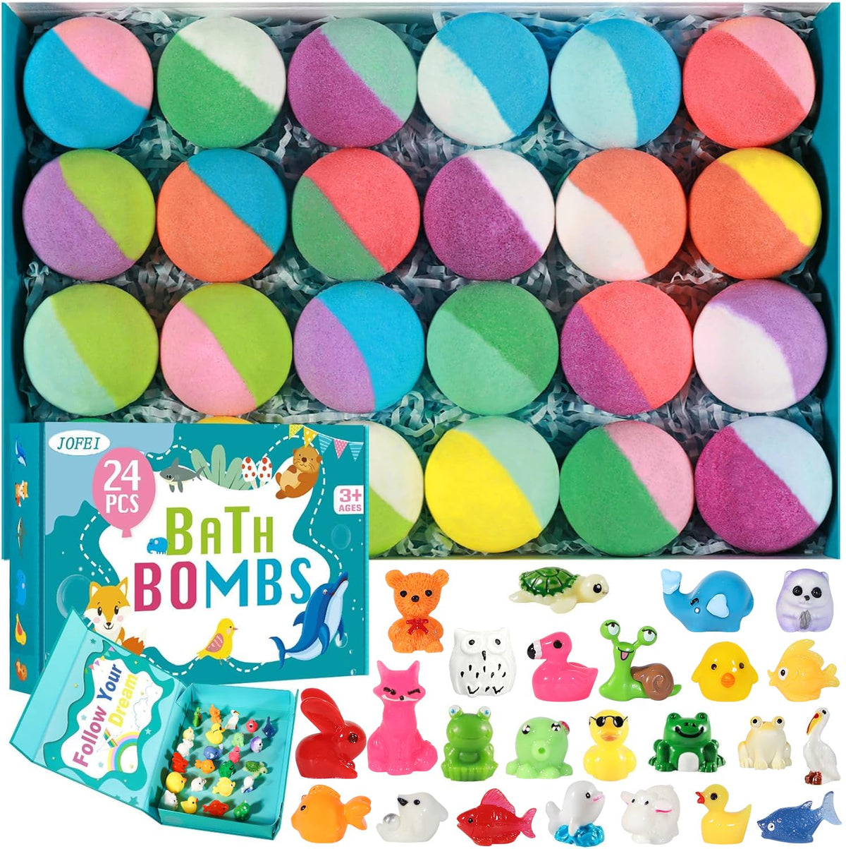 JOFEI 24 pack bath bombs for kids in colourful packaging