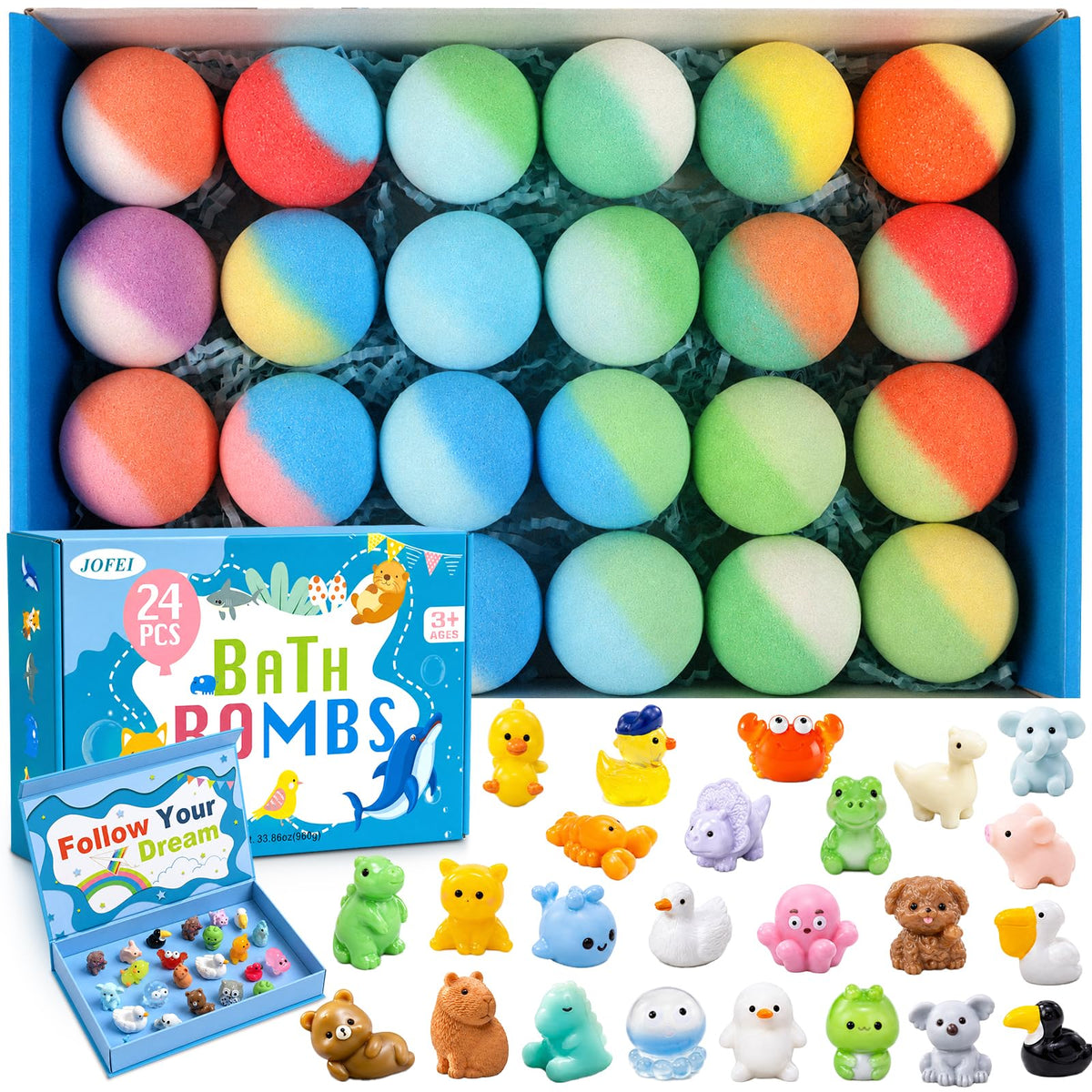 JOFEI Kids Bath Bombs 24 Pack with colourful bath bombs and toys