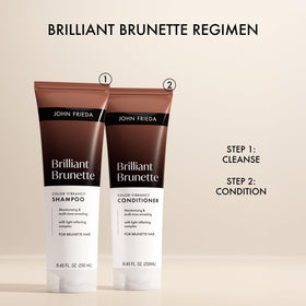 John Frieda Brilliant Brunette Color Vibrancy Shampoo in a bathroom setting
