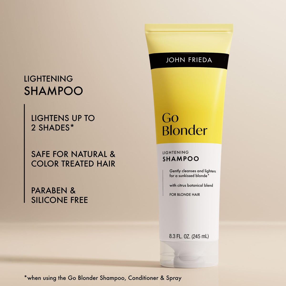 John Frieda Go Blonder Lightening Shampoo in a bathroom setting