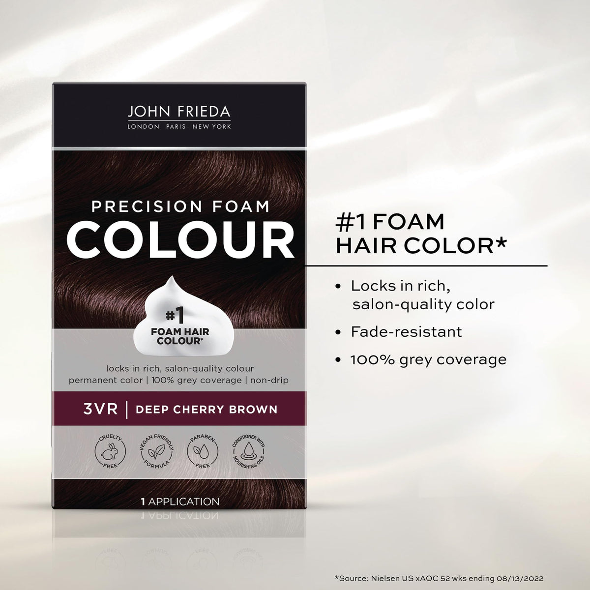 John Frieda Precision Foam Colour Deep Cherry Brown 3VR gloves and instructions