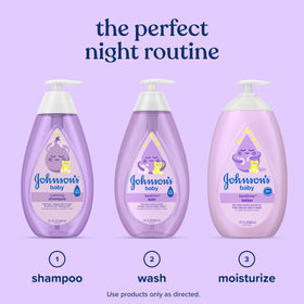 Johnson's Baby Calming Shampoo next to baby bath essentials