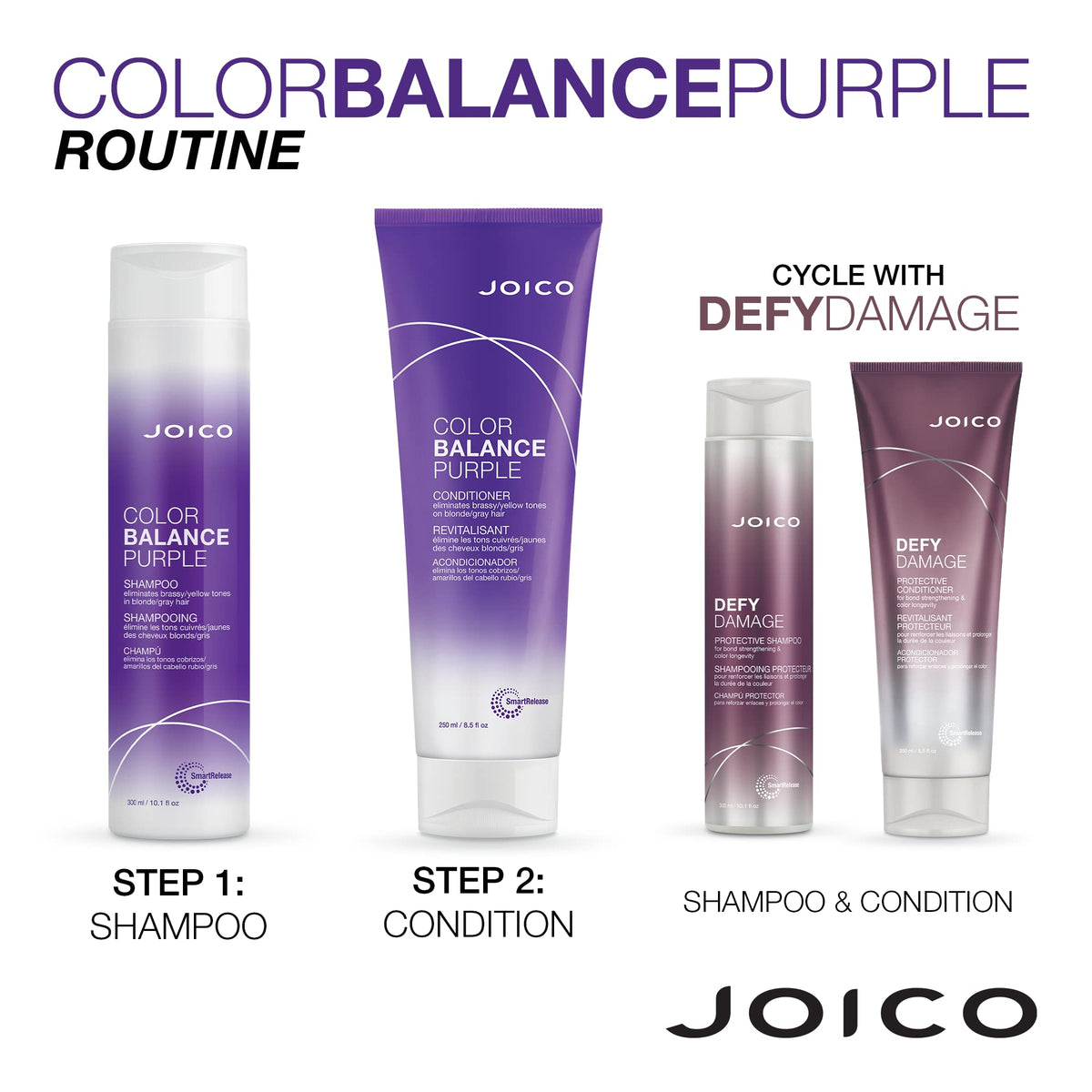 Joico Color Balance Purple Shampoo and Conditioner set on a shelf