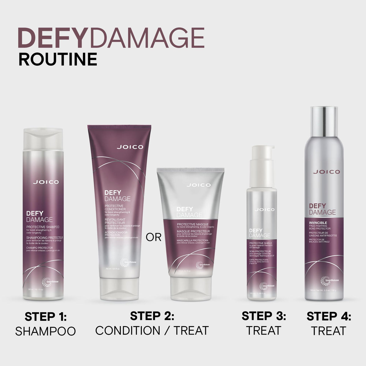 Joico Defy Damage Shampoo with other hair care products