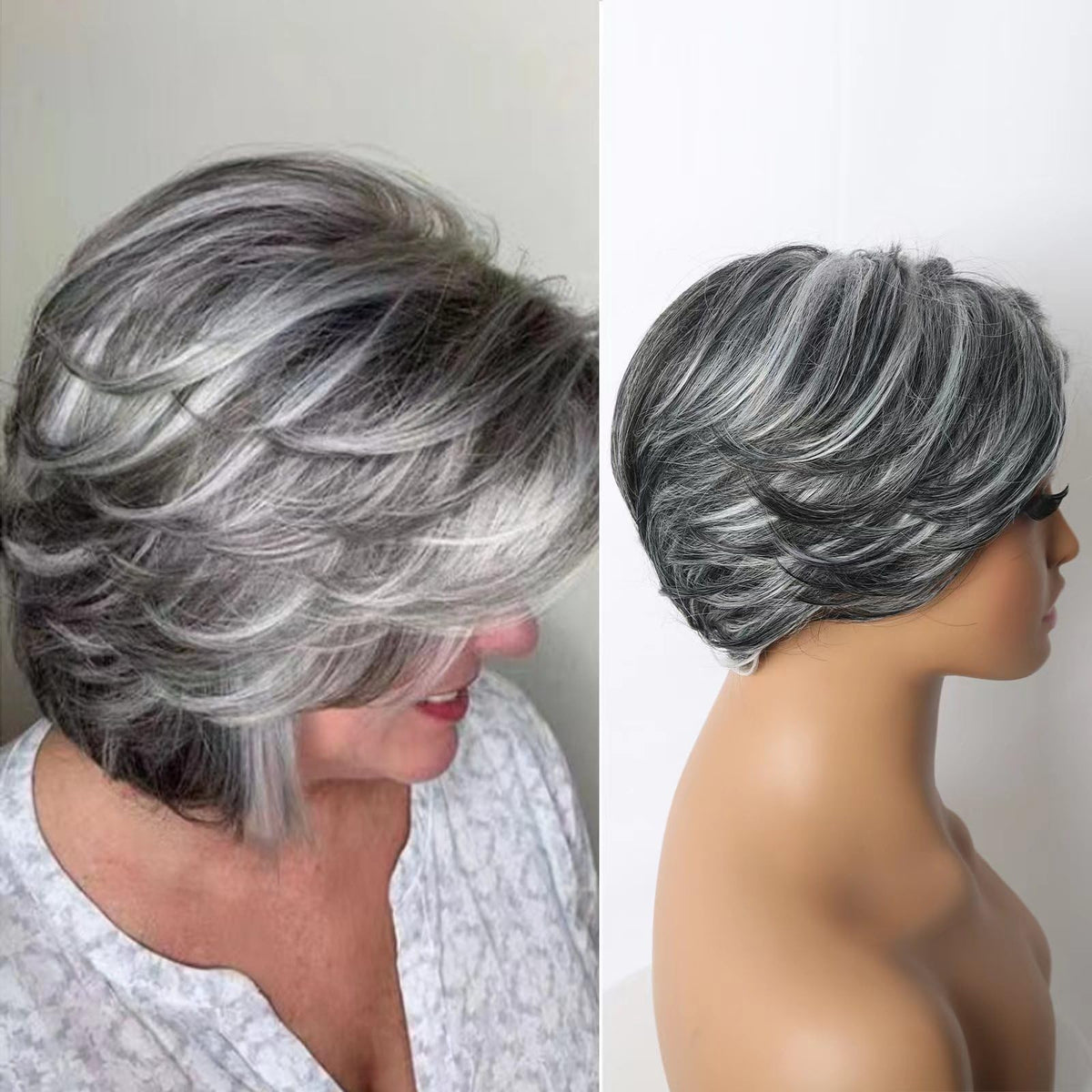 Jolelyne Dark Gray Bob Wig side view showcasing layered design