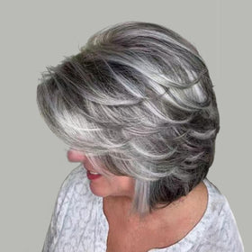 Jolelyne Short Dark Gray Bob Wig front view with curtain bangs