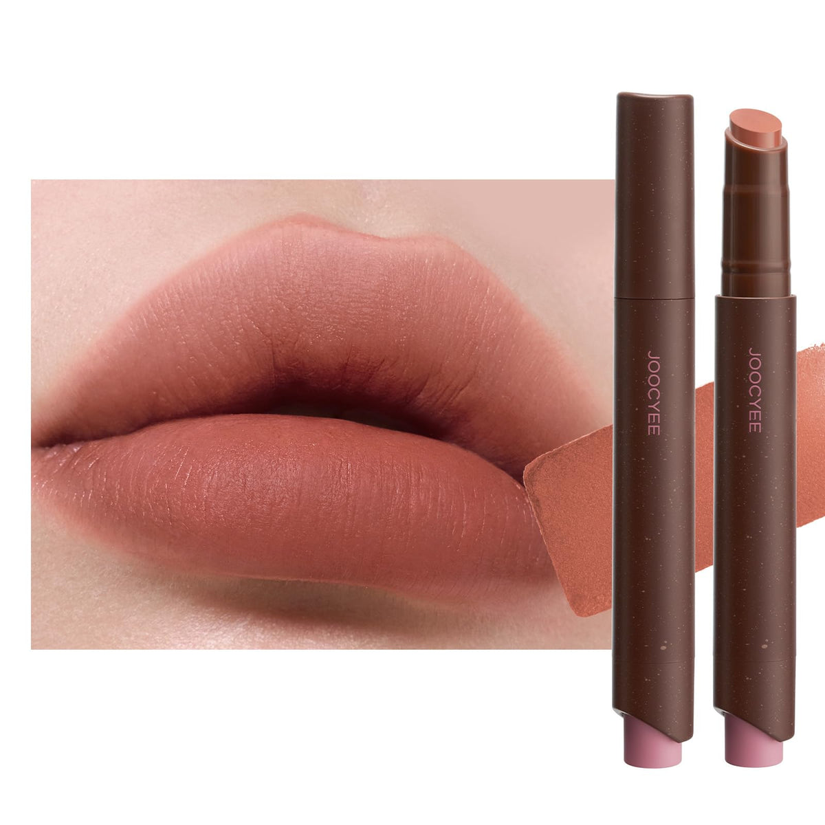 Joocyee Velvet Rouge Matte Lipstick Pencil front view with red brown colour