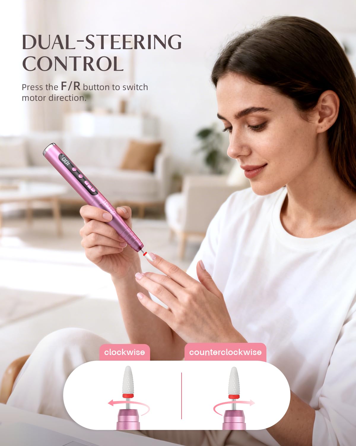 Jorest cordless nail drill being used on acrylic nails