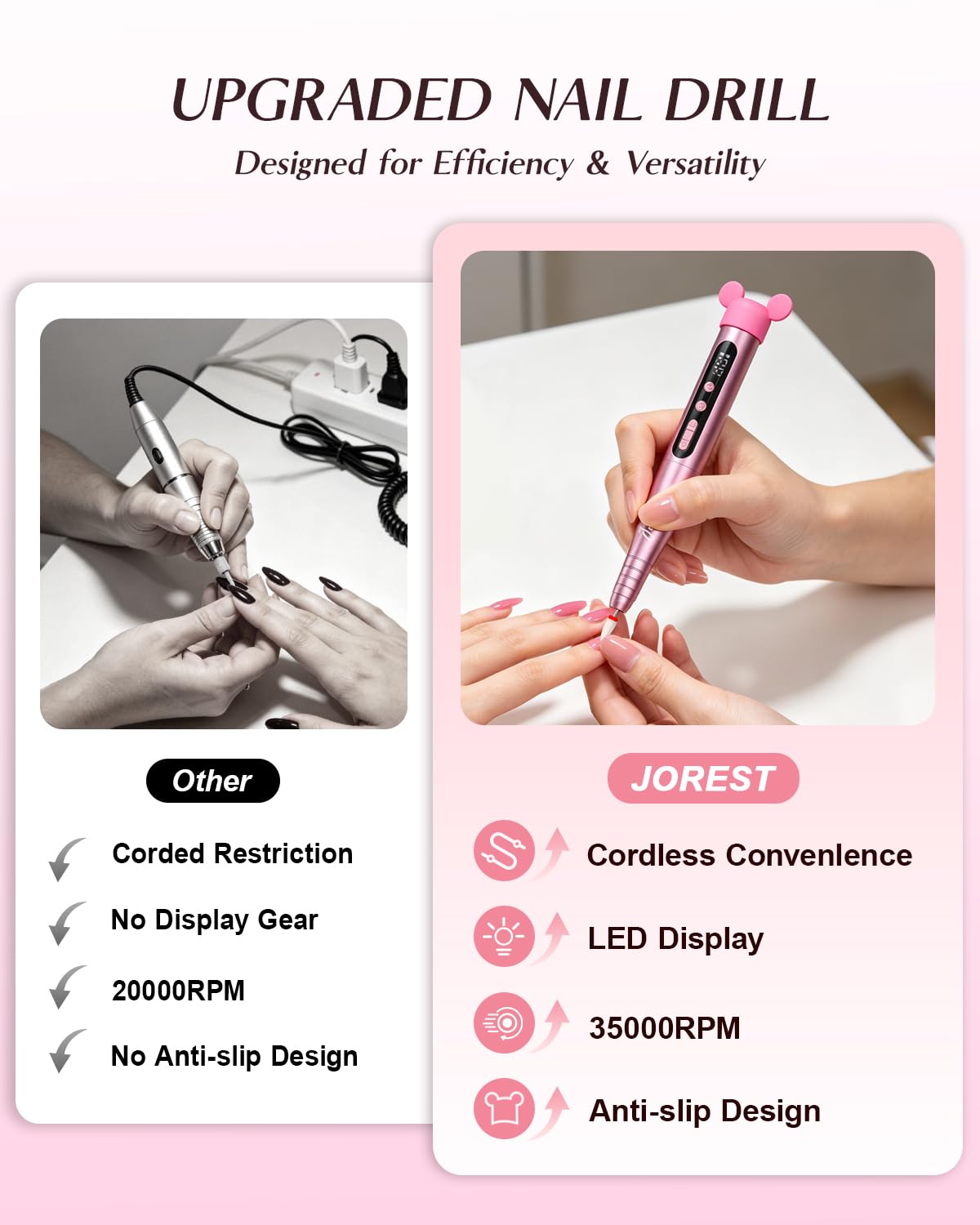 Jorest cordless nail drill in rose pink with silicone sleeve