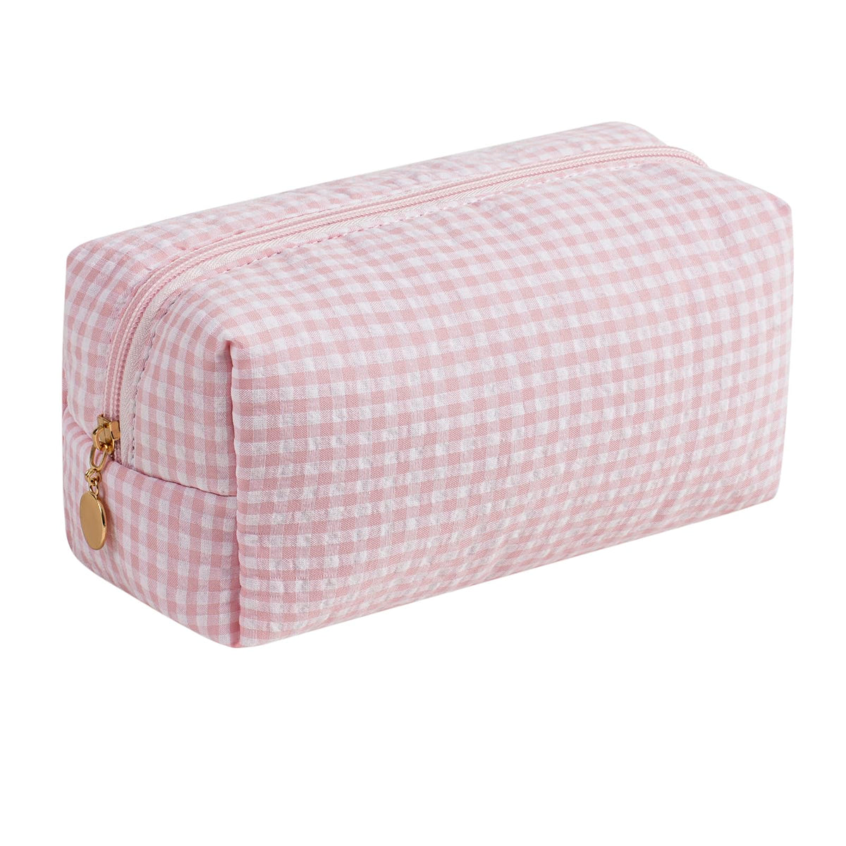JOVAKIT Pink Gingham Makeup Bag front view with gold zipper