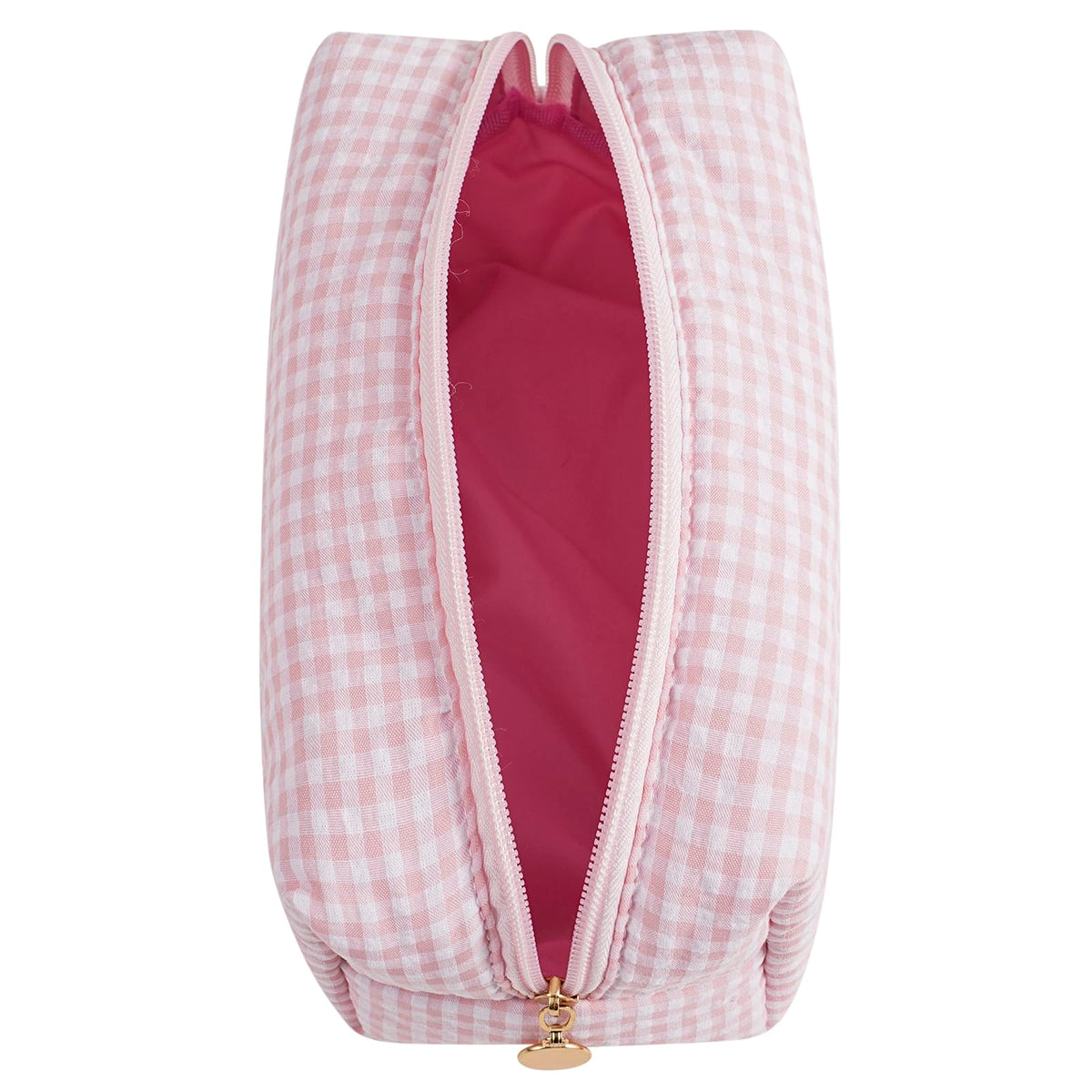 JOVAKIT Pink Gingham Makeup Bag open showing cosmetics inside