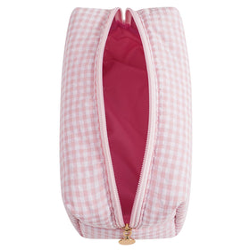 JOVAKIT Pink Gingham Makeup Bag open showing cosmetics inside