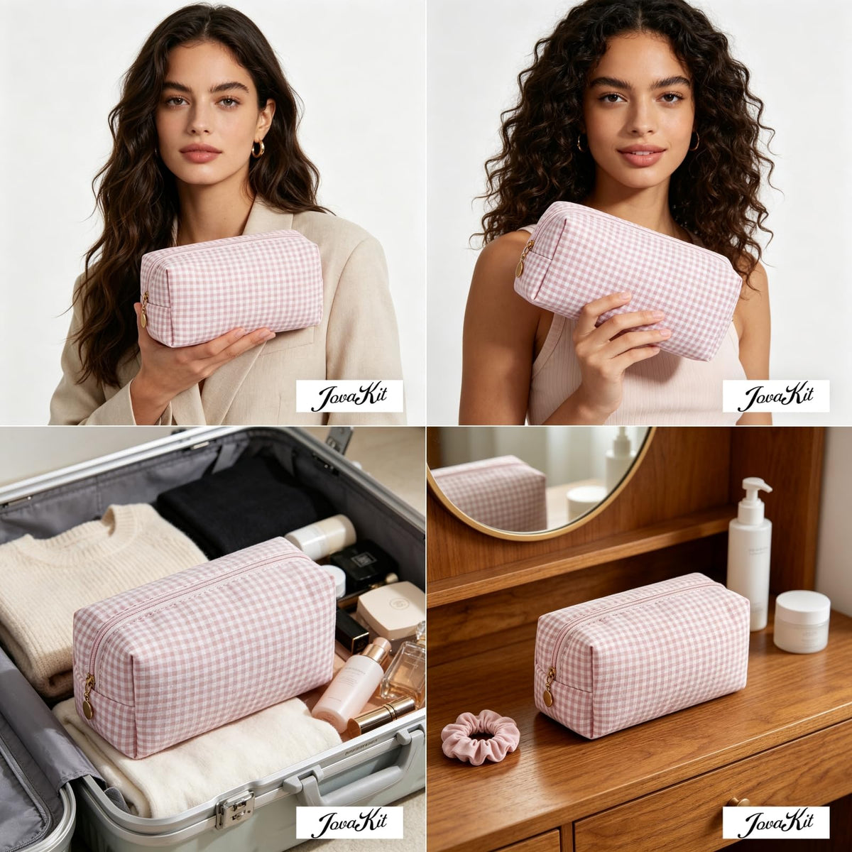 JOVAKIT Pink Gingham Makeup Bag side view on a vanity