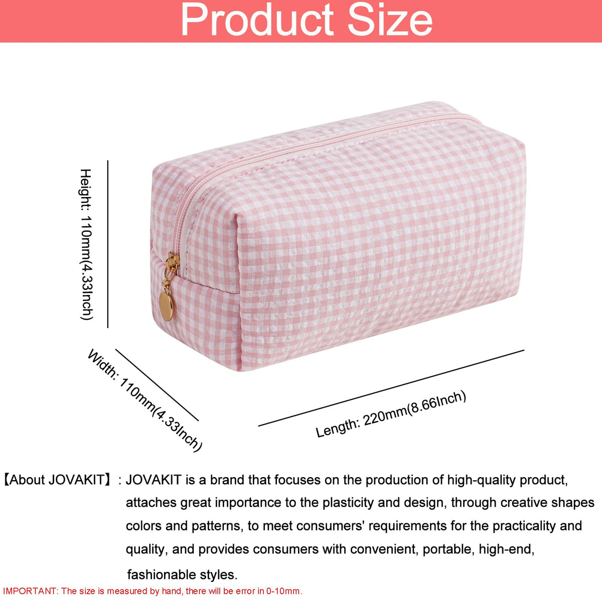 JOVAKIT Pink Gingham Makeup Bag with outer pocket detail
