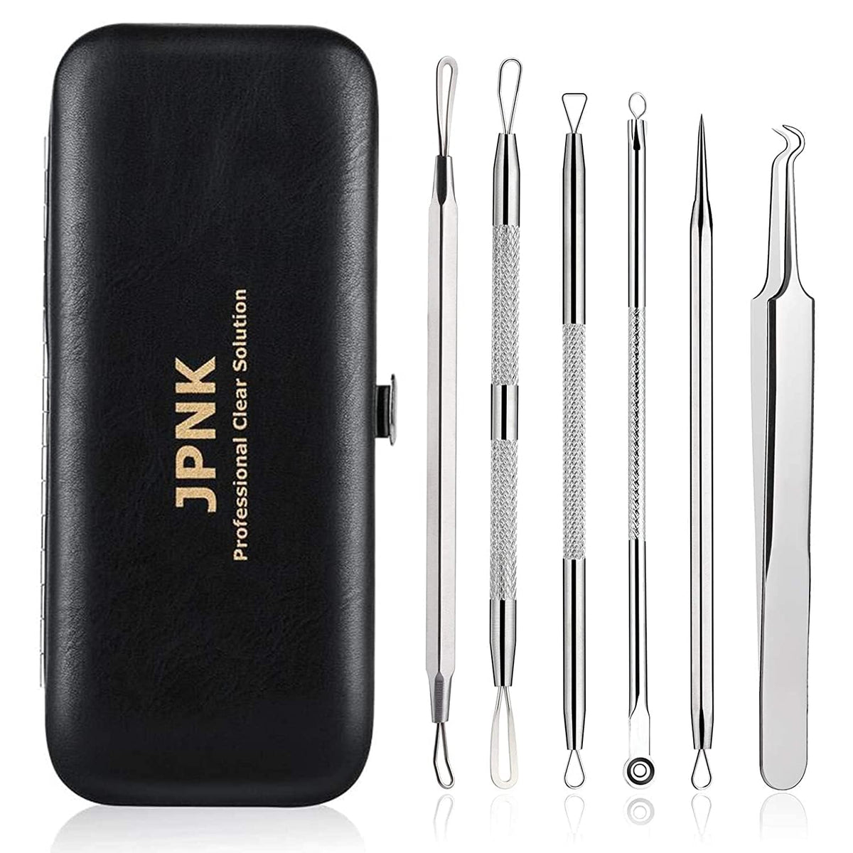 JPNK Blackhead Remover Kit tools displayed in leather case