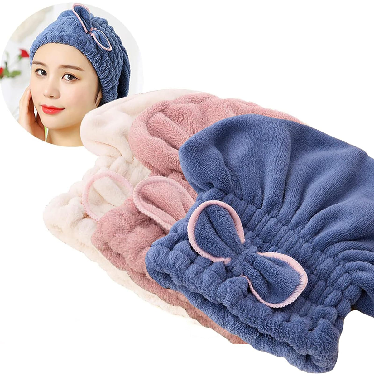 Jseng 3PC Microfiber Hair Towel Caps in light blue, front view