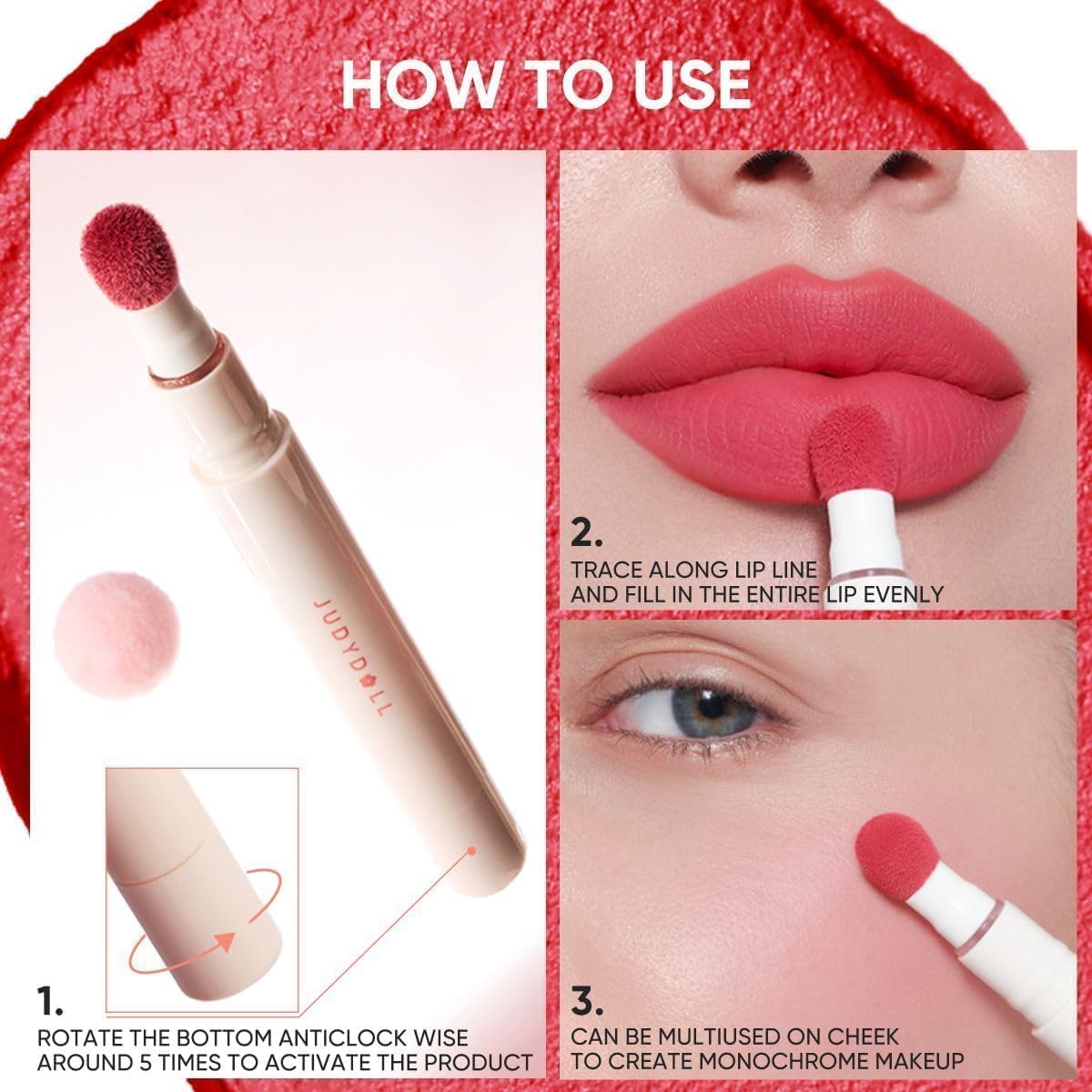 JUDYDOLL Cushion Matte Lip Cream Dusty Fig with makeup tools