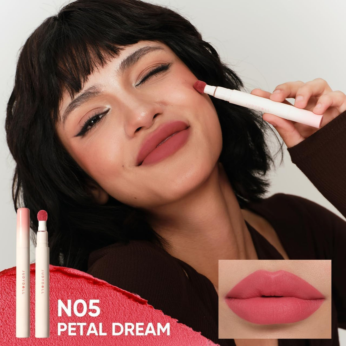 JUDYDOLL Cushion Matte Lip Cream N05 Petal Dream swatch on skin