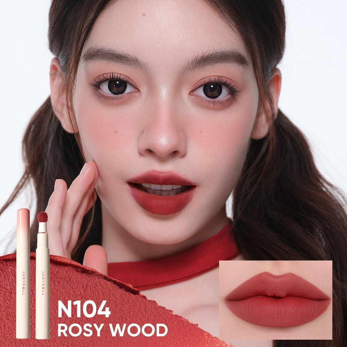 JUDYDOLL Cushion Matte Lip Cream N104 Rosy Wood swatch on skin