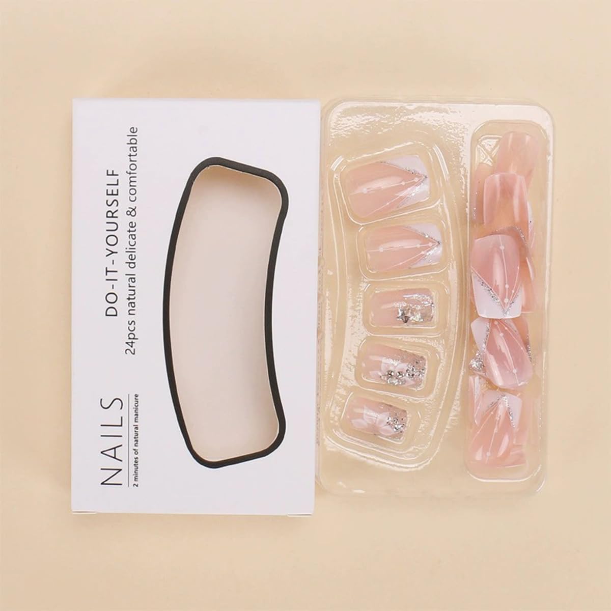 juggssa acrylic fake nails in nude pink with flower glitter designs
