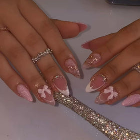 juggssa Almond Press on Nails Short White French Tip front view