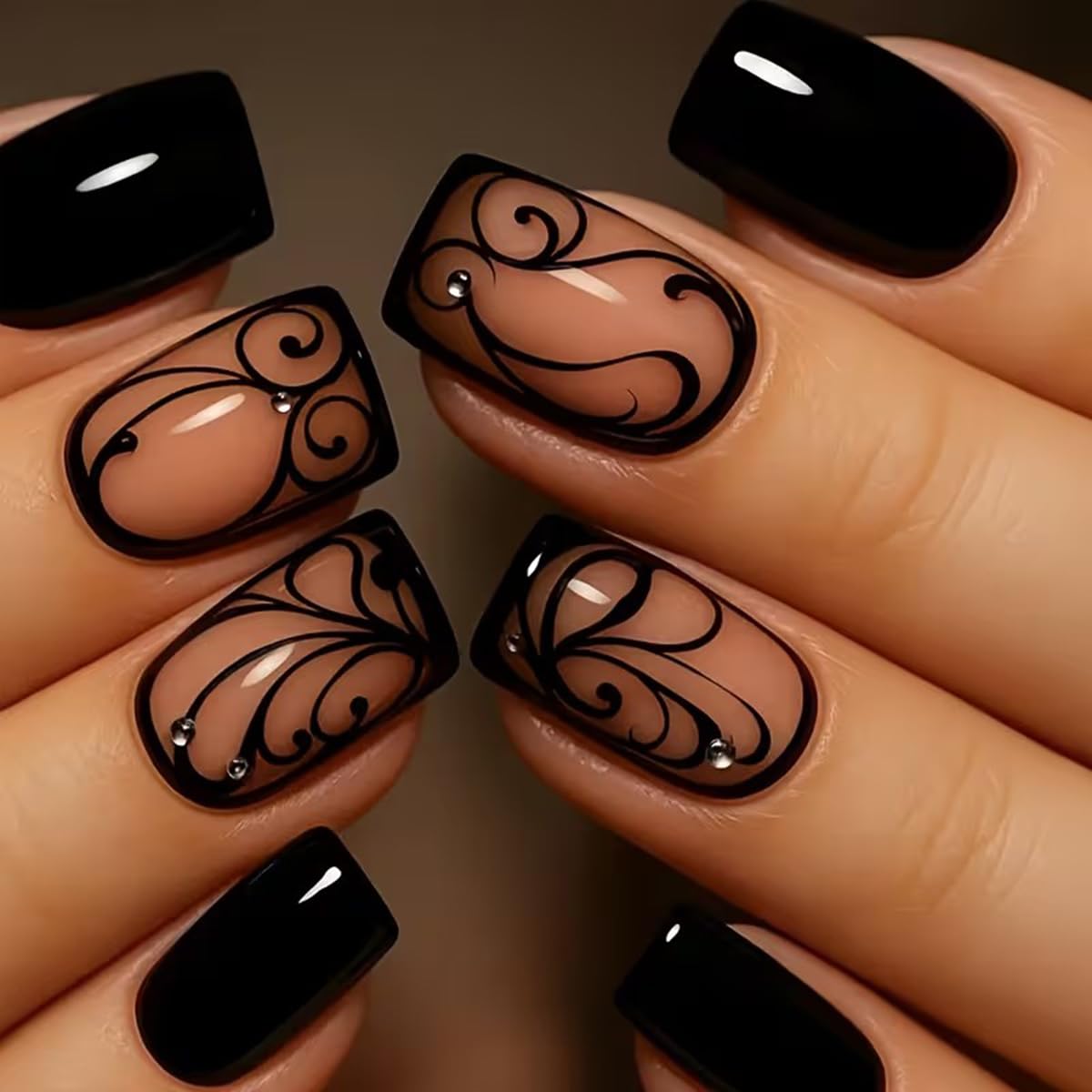 juggssa Black Press on Nails 24PCS acrylic set front view
